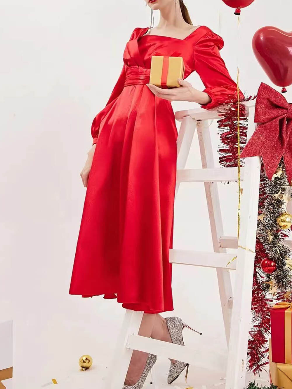 New Summer Long Sleeve Round Neck Satin High Waist Red Dress