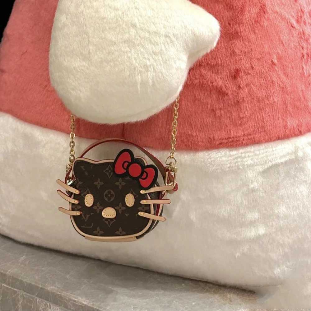 New Hello Kitty Handbag with Cute Bow Embroidery PU Crossbody Bag Cartoon Travel Portable Chain Mini Crossbody Walletw250526