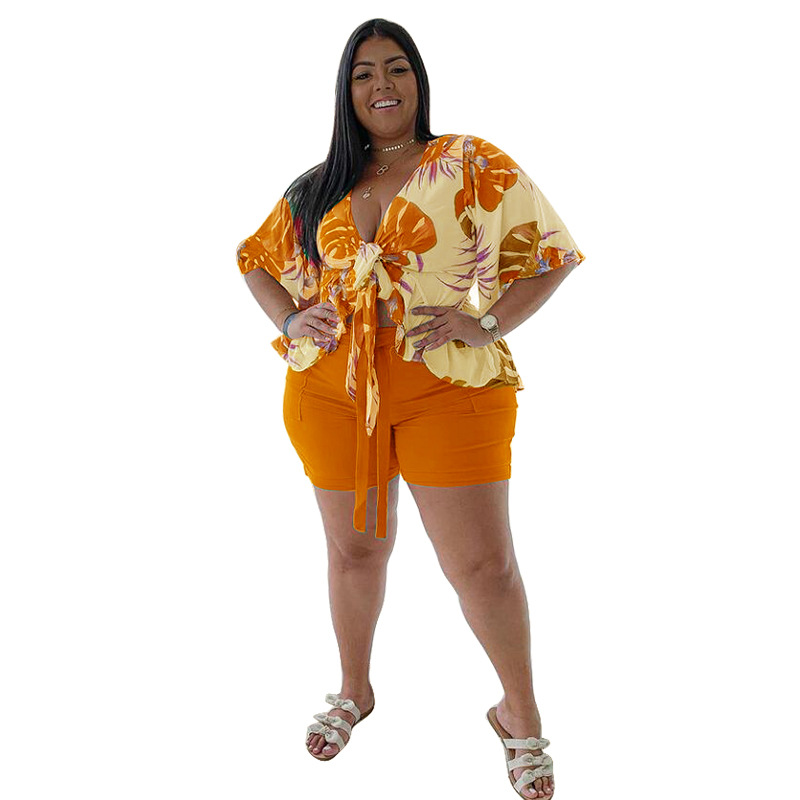Women short Sleeve V Neck Sexy Printed Tracksuits Plus Size Two-Piece Casual T-Shirt and Shorts Set
