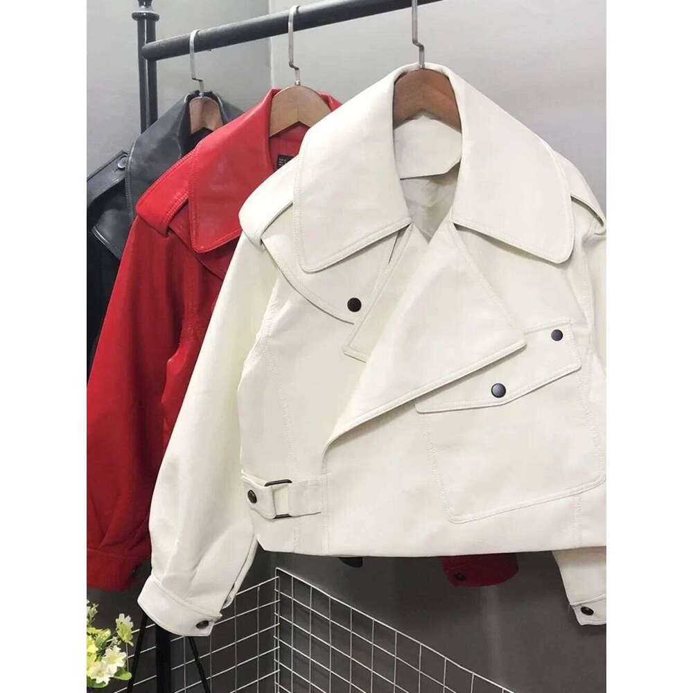 New Spring Women Faux Leather Jacket Biker Coat Turndown Collar PU Motorcycle Jackets Loose Streetwear Outerwear High Street