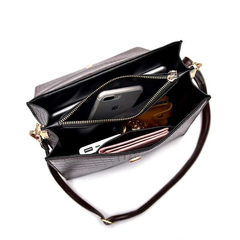 NIGEDU Fashion Women Handbag crocodile Leather Flap Shoulder Bag for Female crossbody bags Large capacity Totes coffee