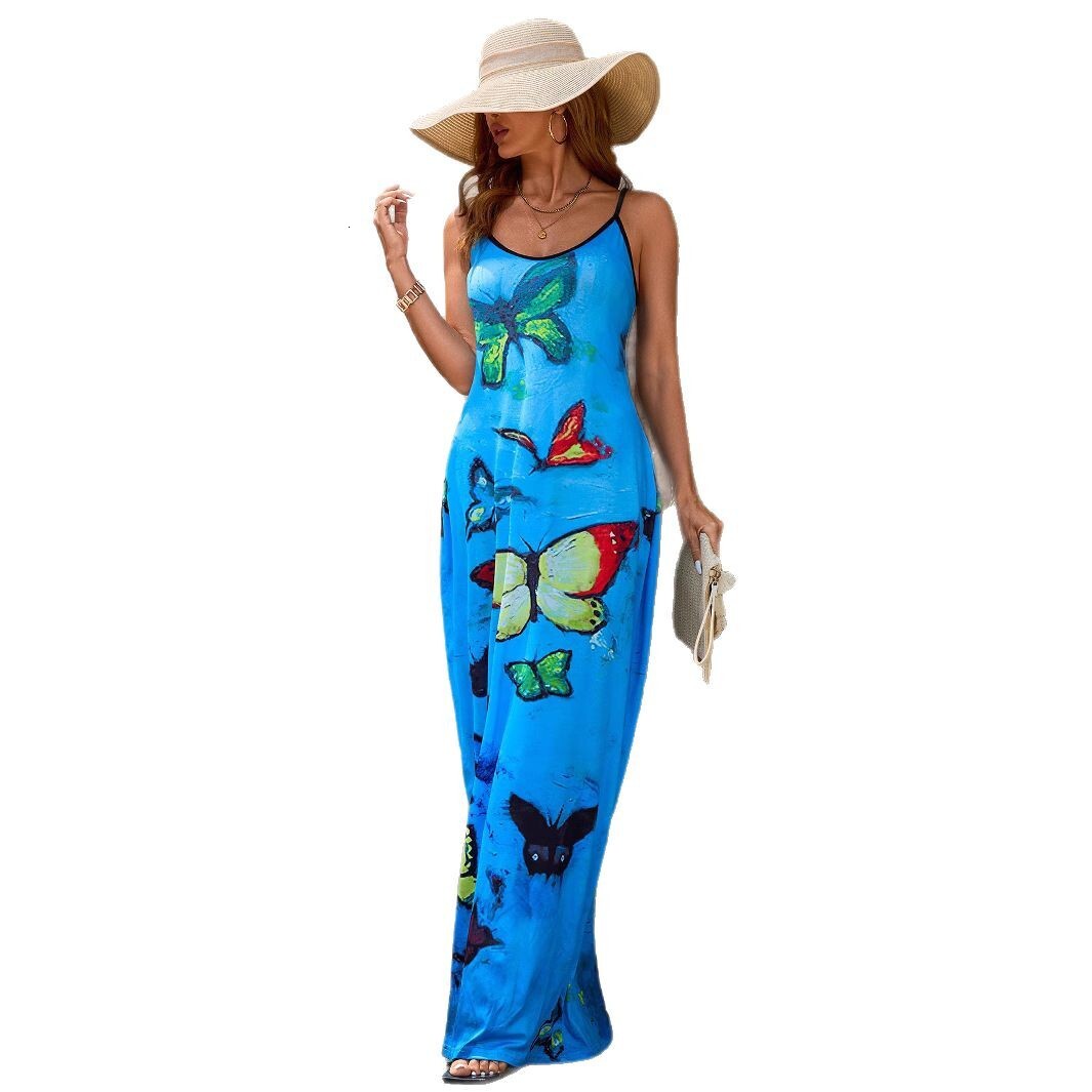 2025 new butterfly gradient print summer lightweight off shoulder suspender floor length skirt