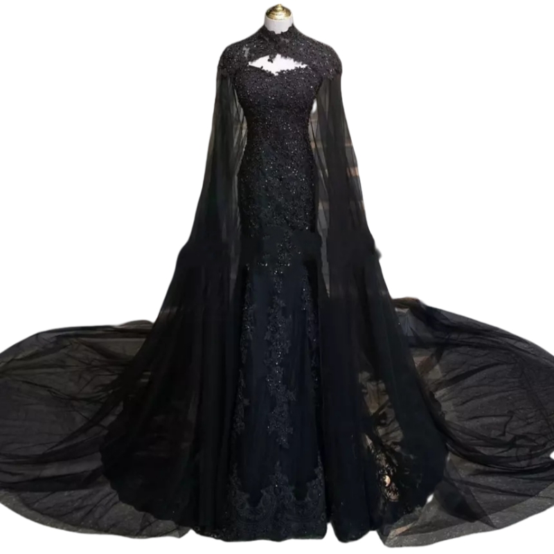 Gothic Black Mermaid Wedding Dresses With Cape Wrap Lace Appliques Sweetheart Long Vintage Bridal Gown Custom Made