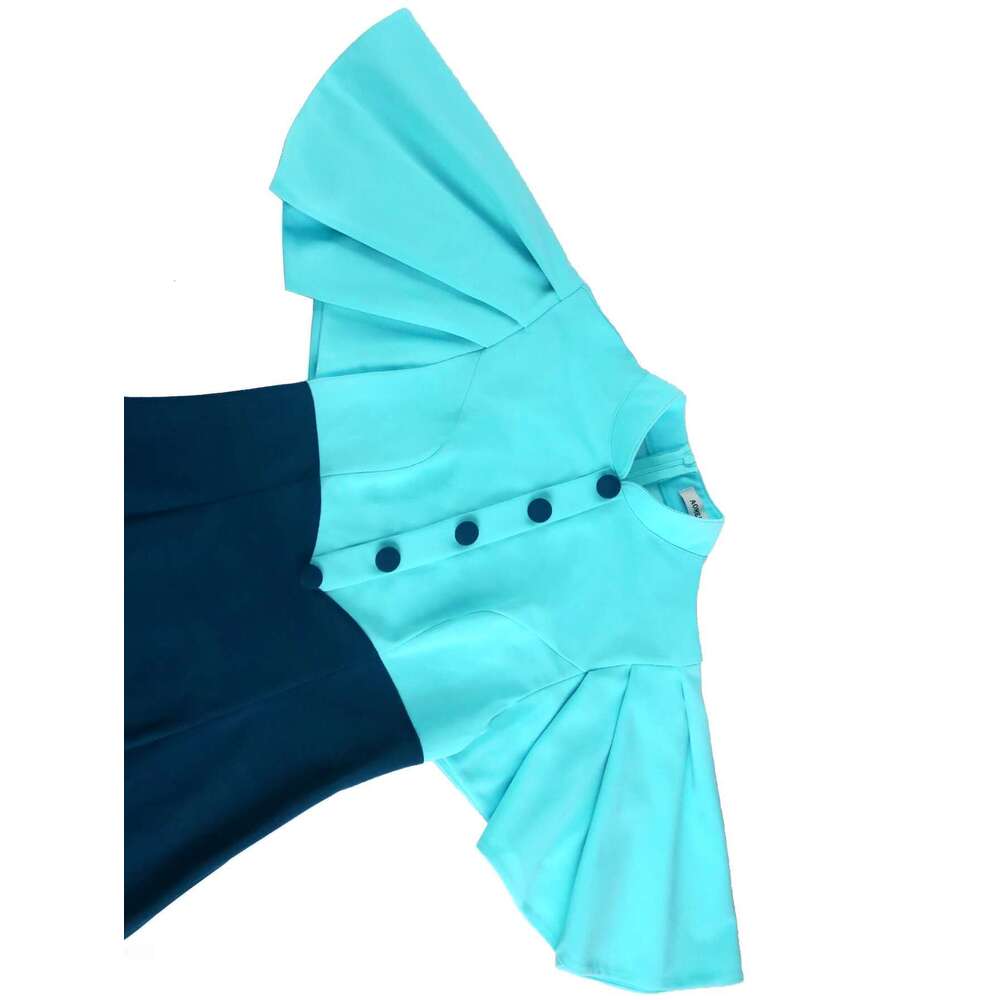 Blue Color Block Sheath Dresses for Women Stand Collar Ruffles Sleeves Button Up High Waist Fashion Party Office Ladies Vestidos