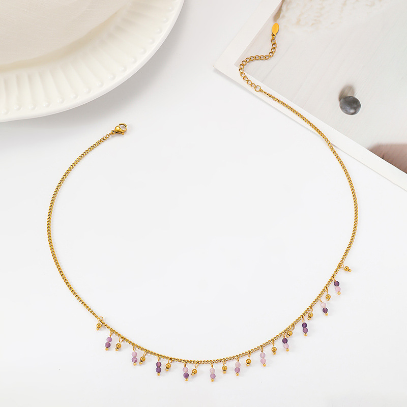 Stainless steel natural necklace French light purple colored stone bead pendant neck decoration