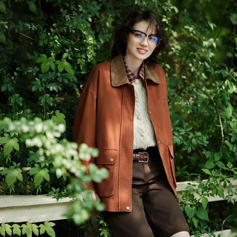 Semir Coat Women Medium Length Color-Blocking Corduroy Collar Retro 2024 New Autumn Embroidery Loose Fashion Jacket