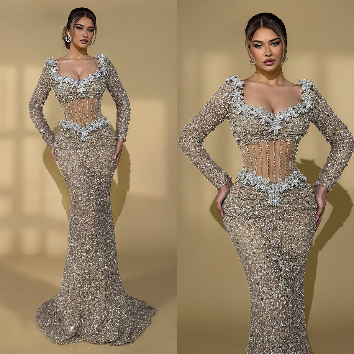 Graceful Evening Dresses Sequins Pearls Prom Dress Beading Long Sleeves Illusion See Through Mermaid Party Gowns Vestidos De Noche Plus Size