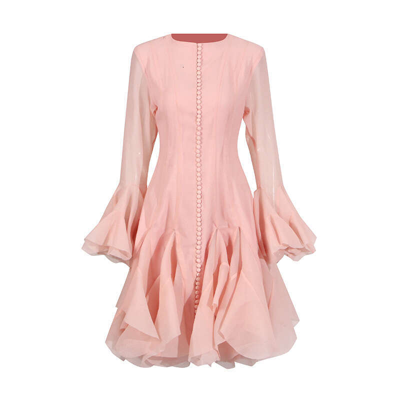 Backless Sexy Dress French Elegant Style Round Neck Patchwork Ruffle New Bell Sleeve Mid Length Dress For Women Sexy Flowy Dresses