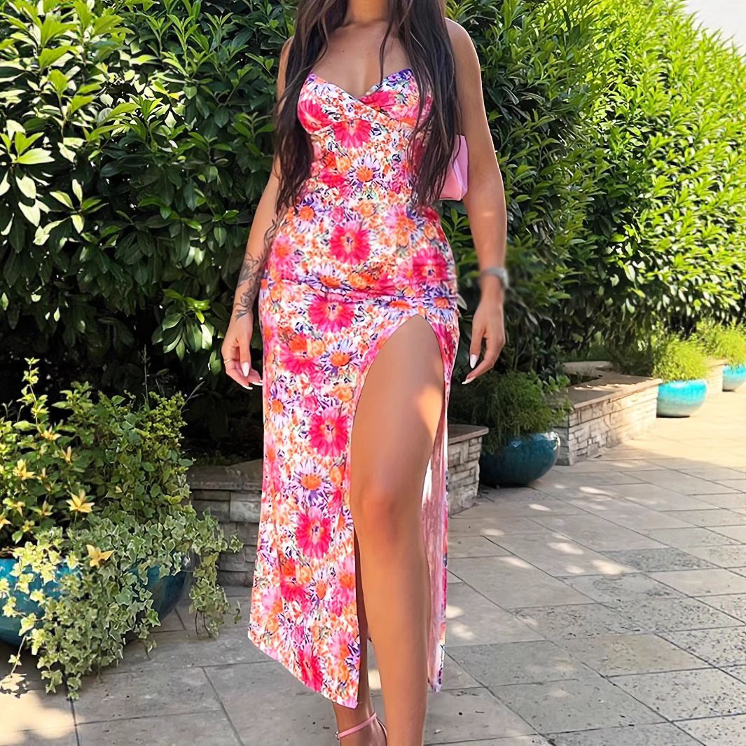 Wind womens clothing 2025 summer digital print V-neck suspender mid length split suspender dress