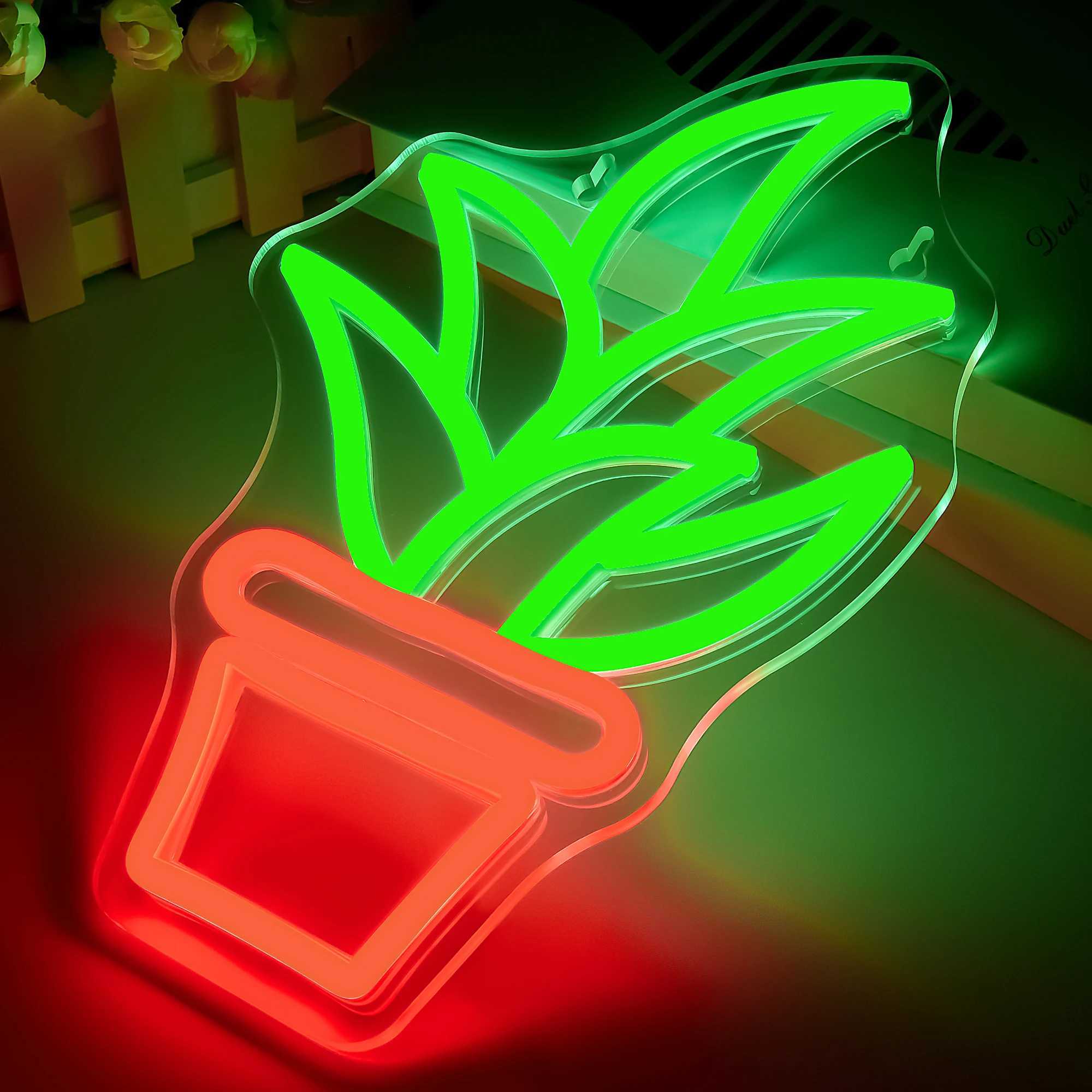 Plant Neon Sign Potted Plant Neon Lights Sign Green Leaf Neon Sign LED Light up Signs for Wall Decor Bedroom USB Powered W250526