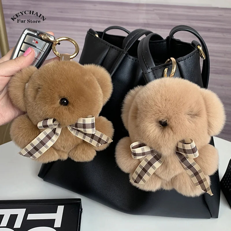 Cute Key Chain Fluffy Plush Little Bear Toy Women Rex Rabbit Fur Keychain Plush Panda Handbag Pendant Car Keyring Girls Gift R250525