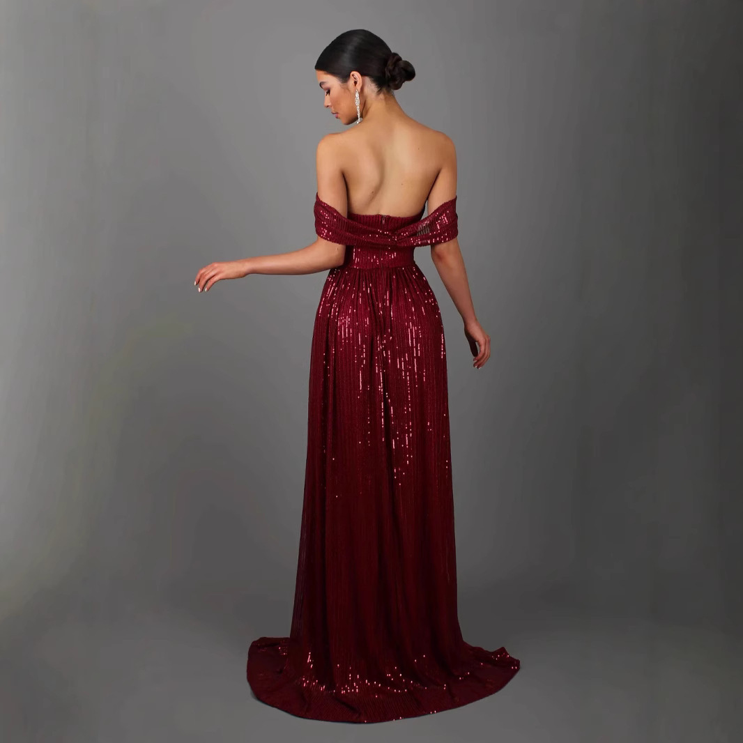 Evening gown socialite party sexy high opening sequins banquet dress nightclub sequins new off the shoulder design