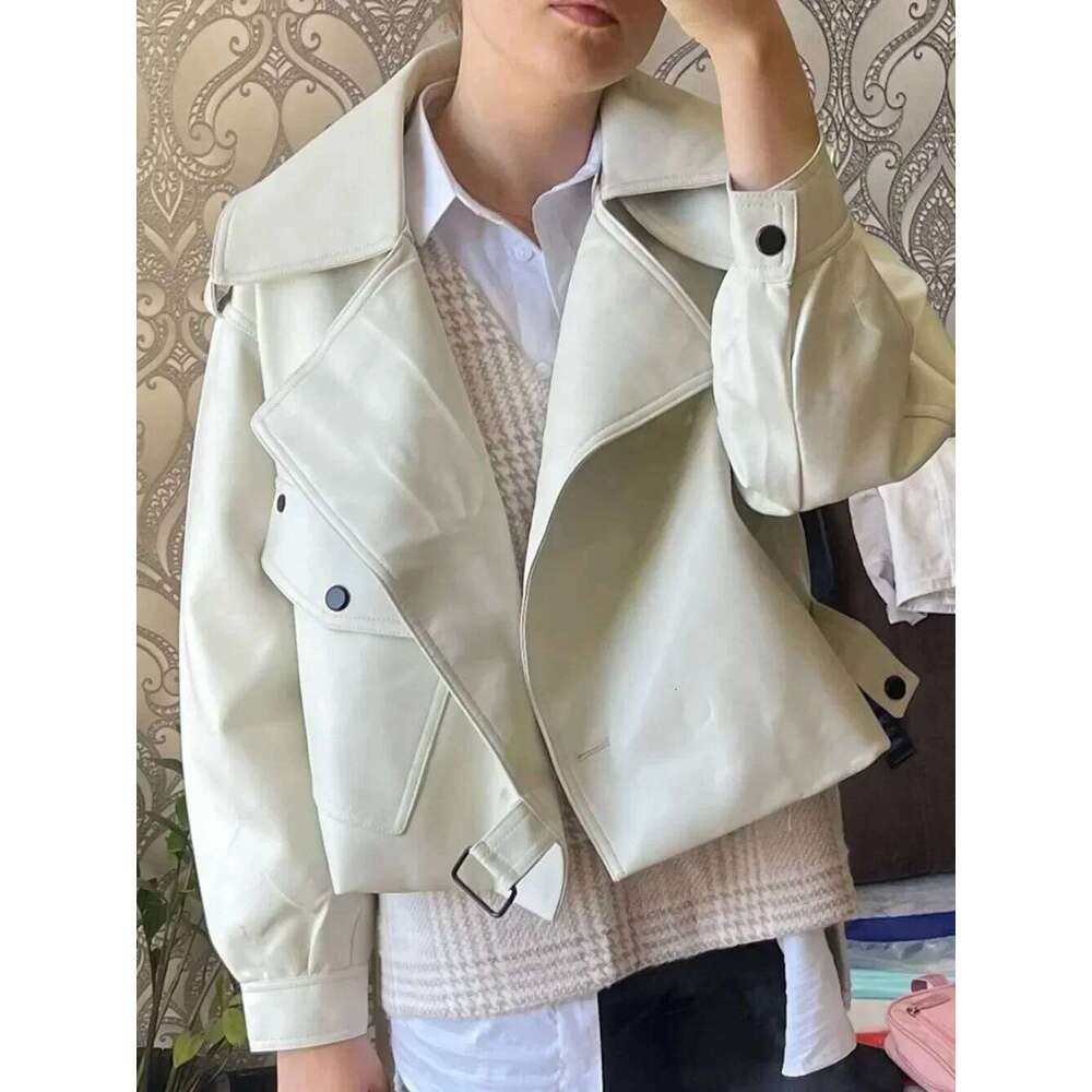New Spring Women Faux Leather Jacket Biker Coat Turndown Collar PU Motorcycle Jackets Loose Streetwear Outerwear High Street