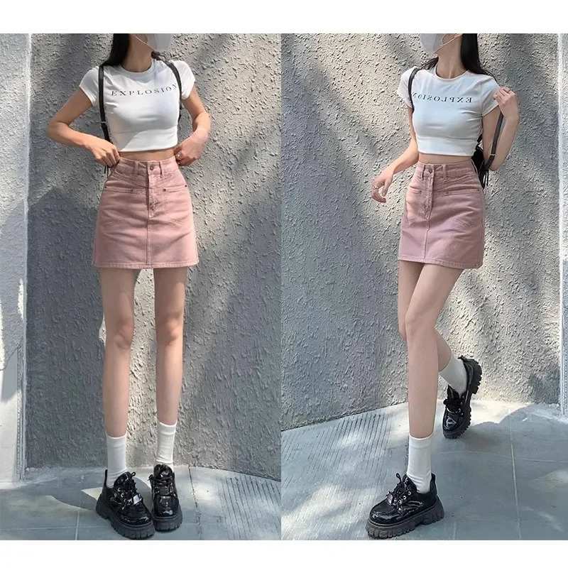 High Waist Denim Mini Skirt Women Summer plus Size Conceal Belly A Line Half Body Skirts Pinkish Brown Fabric Pocket Deco 250516Z