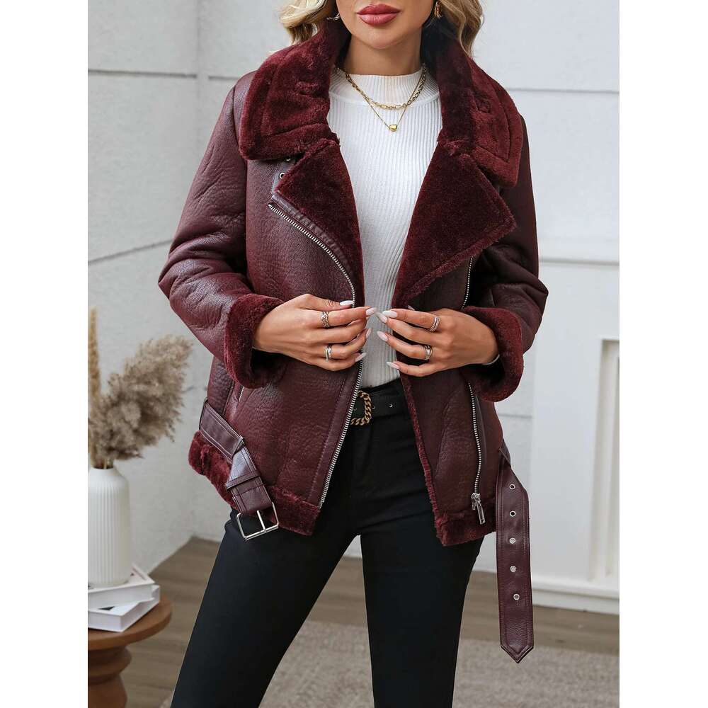 Fitaylor Winter Women Faux Fur High Street Motorcycle Outwear Casual Lady Thick Warm Leather Jacket
