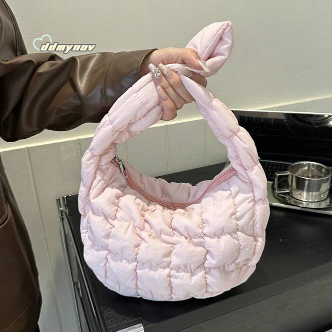 Korean Ruched Solid Underarm Plaid Quilted Women Small Handbag Bubble Embroidered Ladies Shoulder Winter Cotton Tote Bag ddmynov
