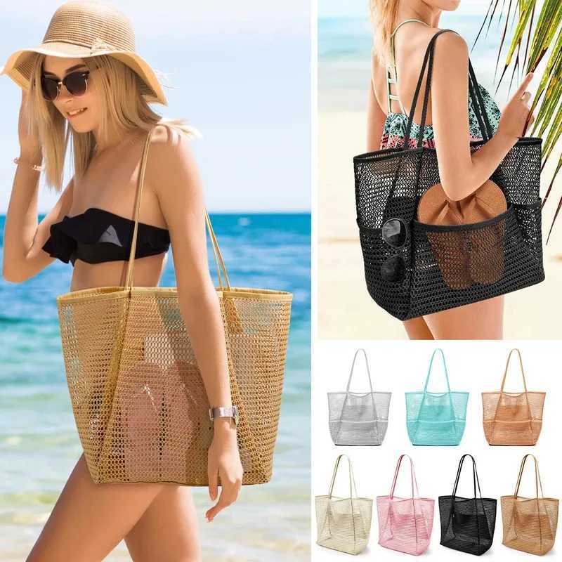 Summer Fashion Beach Bag Hollow Out Womens Shoulder Tote Bag Large Capacity Foldable Mesh Swim Bag with Pocket Shopping Pack W250524