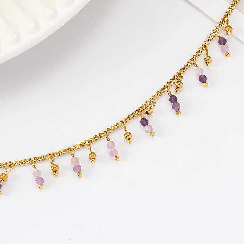 Stainless steel natural necklace French light purple colored stone bead pendant neck decoration