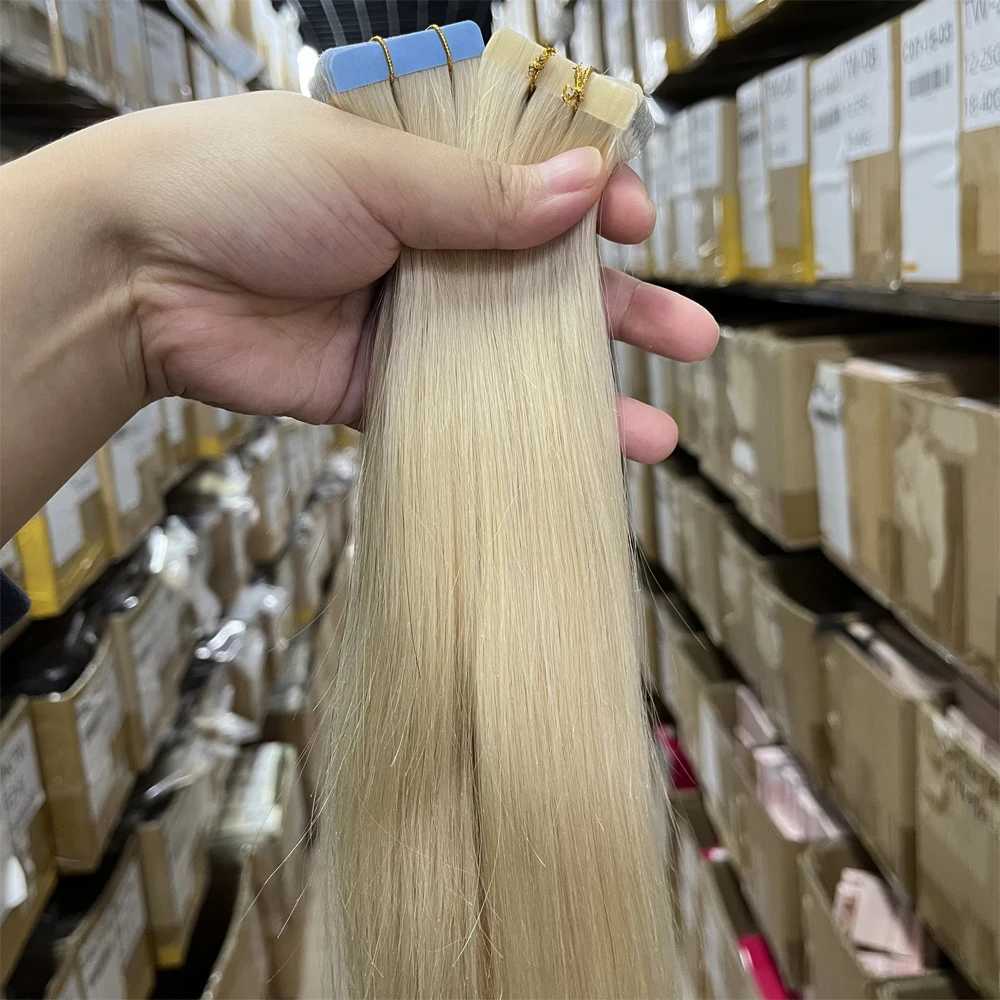 60# Tape in Hair Extensions Human Hair Blonde Machine Remy Tape in Hair Extensions for Women Platinum Blonde Invisible Human Hair S25526