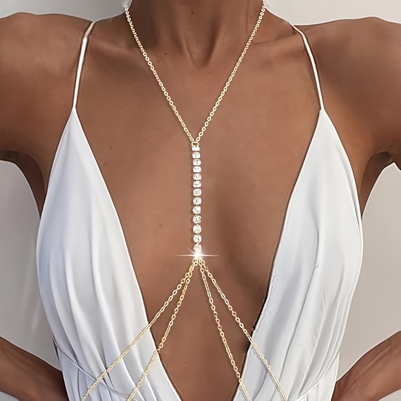 VOBIPY Simple Chest Chain Jewellery Harness Rhinestone Bra Bikini for Women Belly Waist Chain Body Sexy Lingerie Luxury Top Gift
