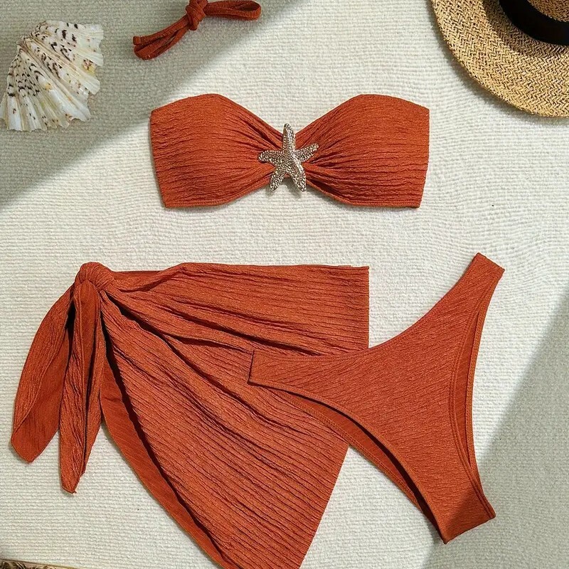 Free Shipping 2025 New Designer Solid Color Swimsuit Three Piece Set Strapless Beach Skirt Bikini Women