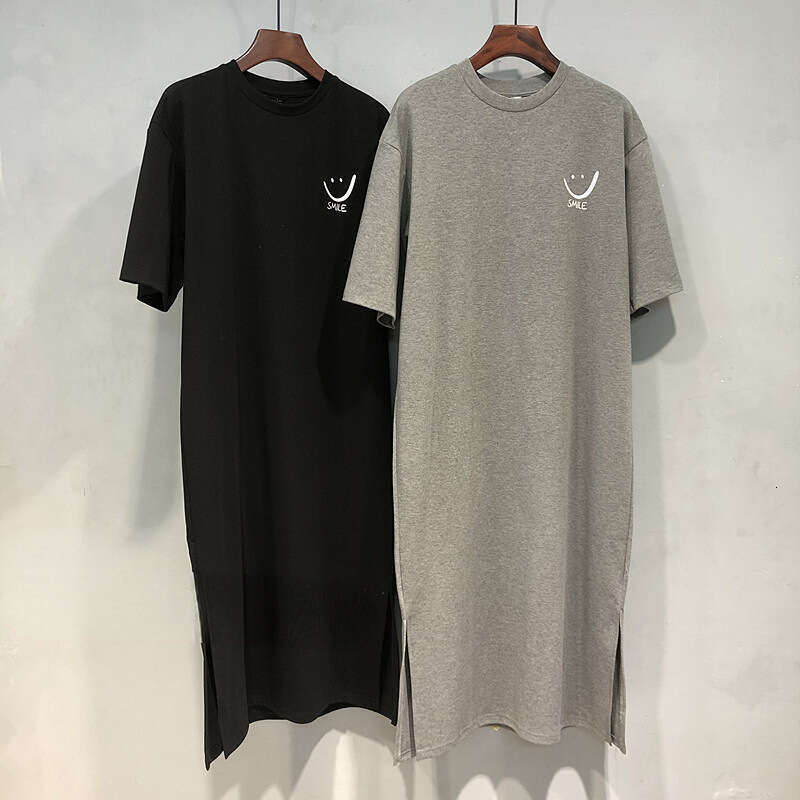 Tight Cut Out Dresses Summer New Versatile Loose Short Sleeve Korean Style Printed Split Mid Length Dress T Shirt For Women Trendy Sexy Dress