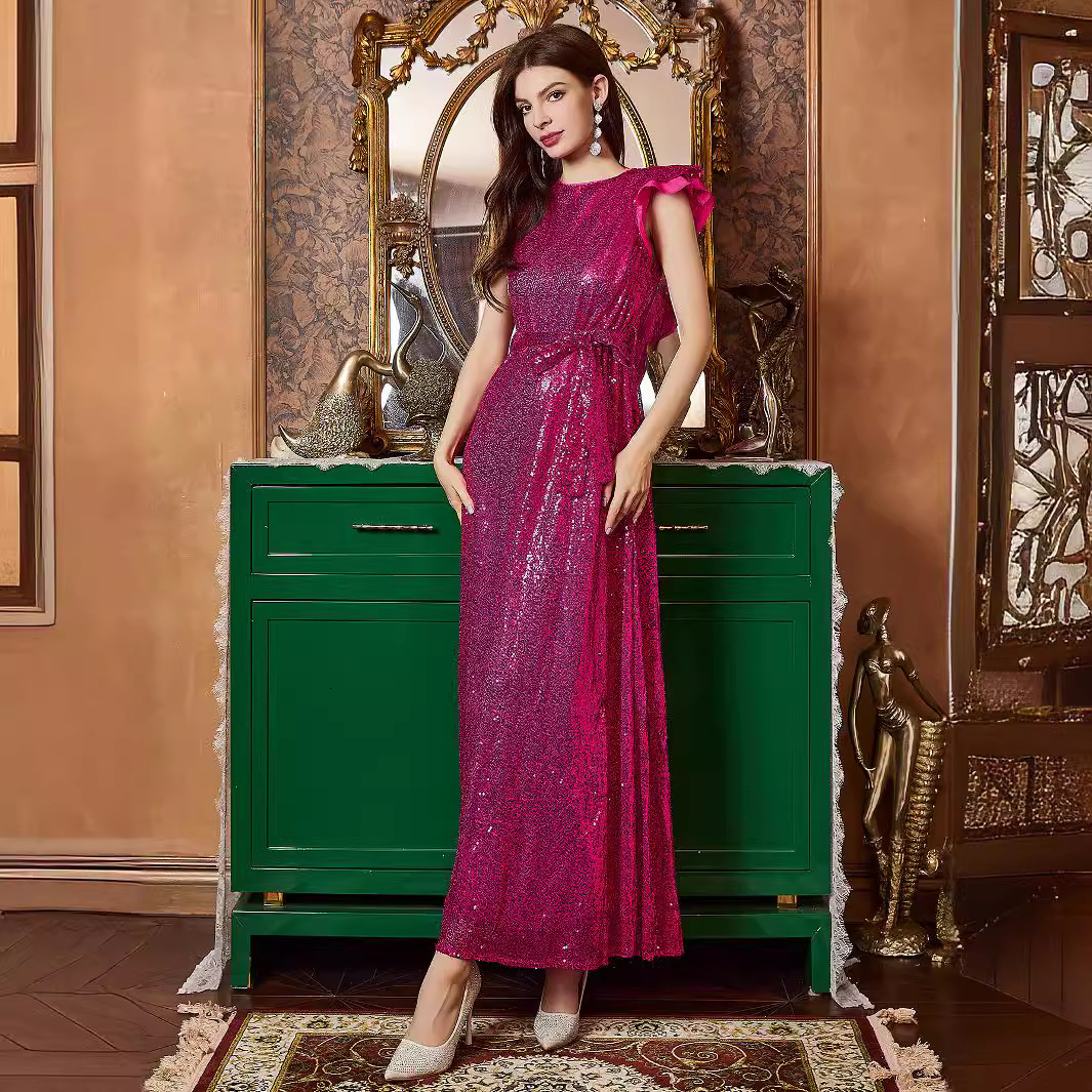 Womens sequined dress sleeveless waistband round neck mid skirt sexy dress party autumn and winter new item