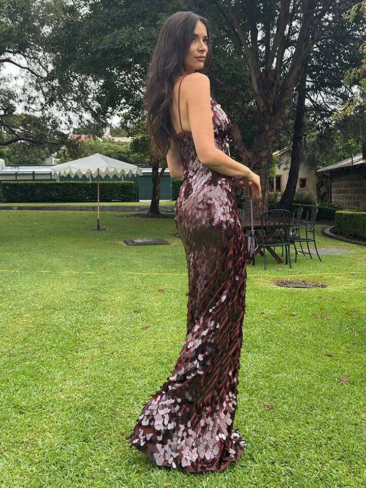 Fashion Women's Sequined Slip Long Dress Sleeveless V-neck Hollow Out Backless Slim Robe 2025 Summer Chic Female Party Dresses