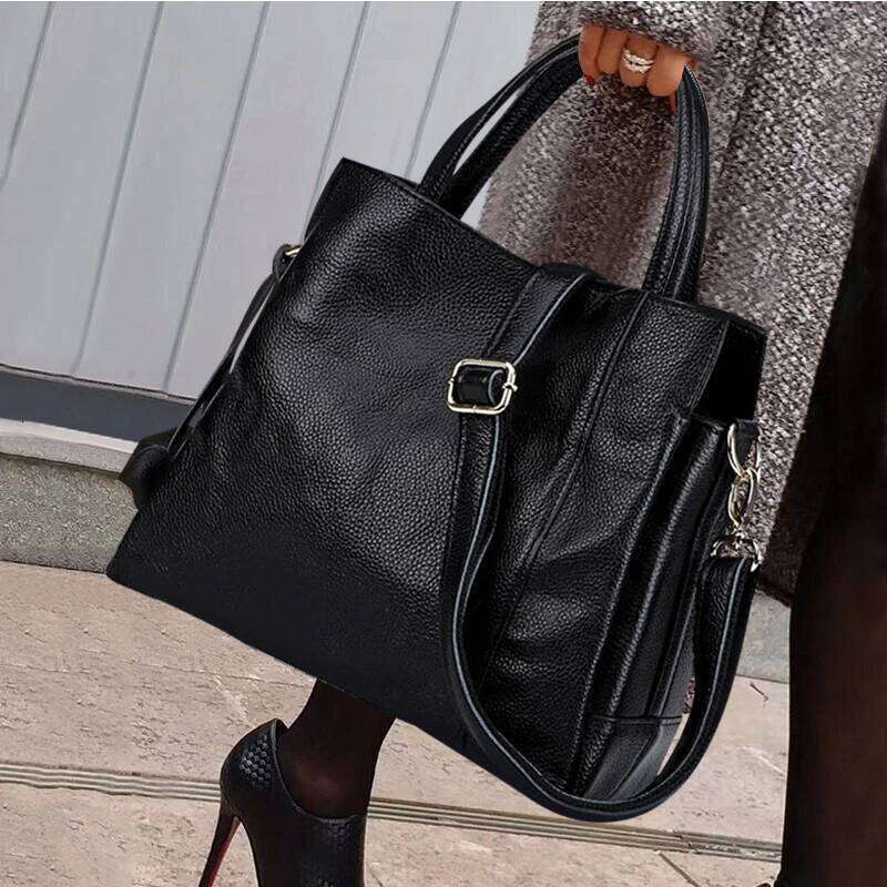 Cowhide women s handbag casual versatile black daily commuting single shoulder crossbody tote bag
