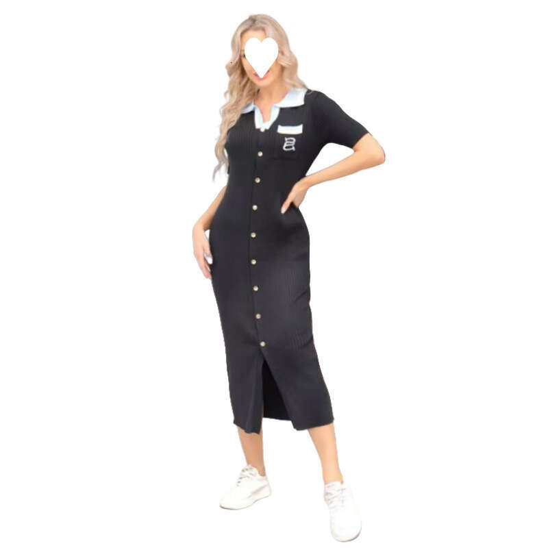 Backless Sexy Dress Polo Neck Split Short Sleeve Letter Embroidery Long Waist Slimming Knitted Dress For Women Sexy Flowy Dresses