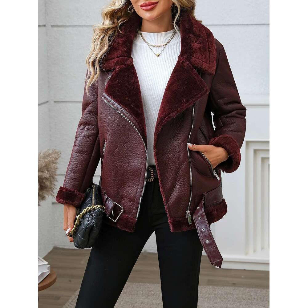 Fitaylor Winter Women Faux Fur High Street Motorcycle Outwear Casual Lady Thick Warm Leather Jacket