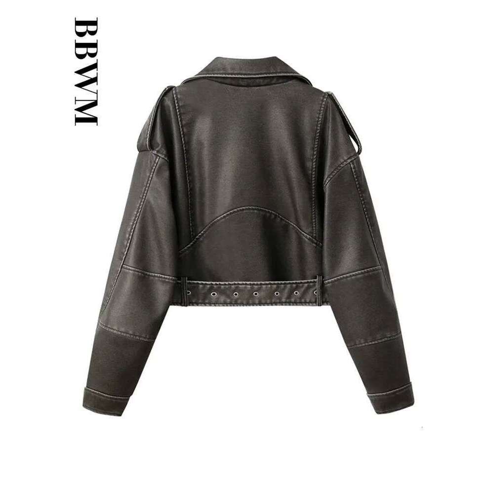 TRAF PU Retro Zipper Belt Motorcycle Street Women's Jacket 2023 Spring New Chic Short Long Sleeve Slim Fit Female Tops