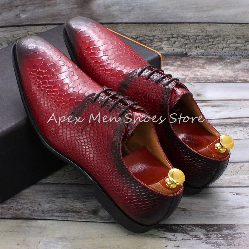 Mens Red Snakeskin Oxfords Round Toe Formal Shoes Handmade Lace Up Pattern n Genuine Leather Business Derby Shoes 250526