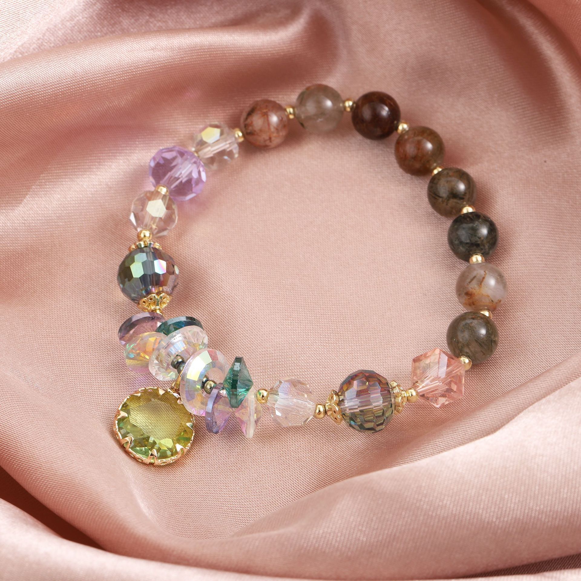 elastic adjustable women's cool style electroplated colorful crystal tourmaline pendant decorative temperament bracelet