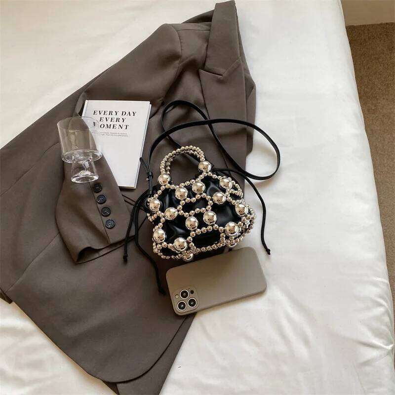 Beaded Handbags Hollow Woven Pearls Bags for Women Fashion Drawstring Shoulder Lady Evening Bag Party Wedding Clutch