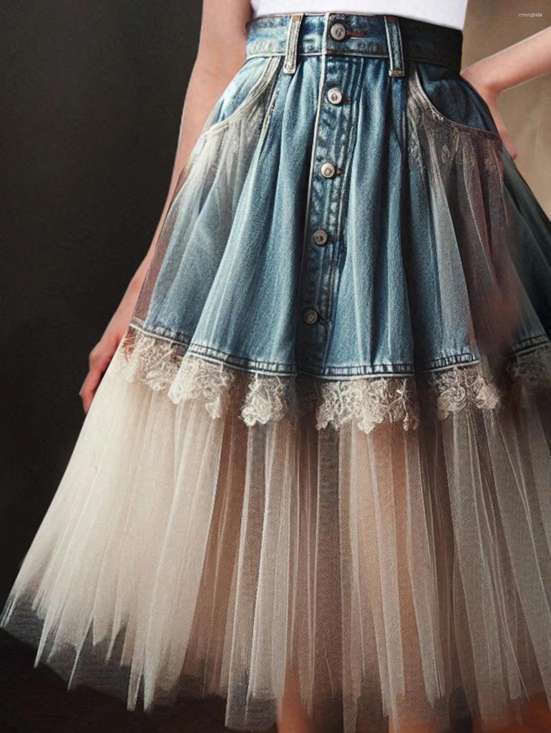 Casual Dresses Boho Chic Womens High Rise Denim Midi Skirt Lace Tulle Patchwork Design Vintage A-Line Streetwear Fashion Summer 2025