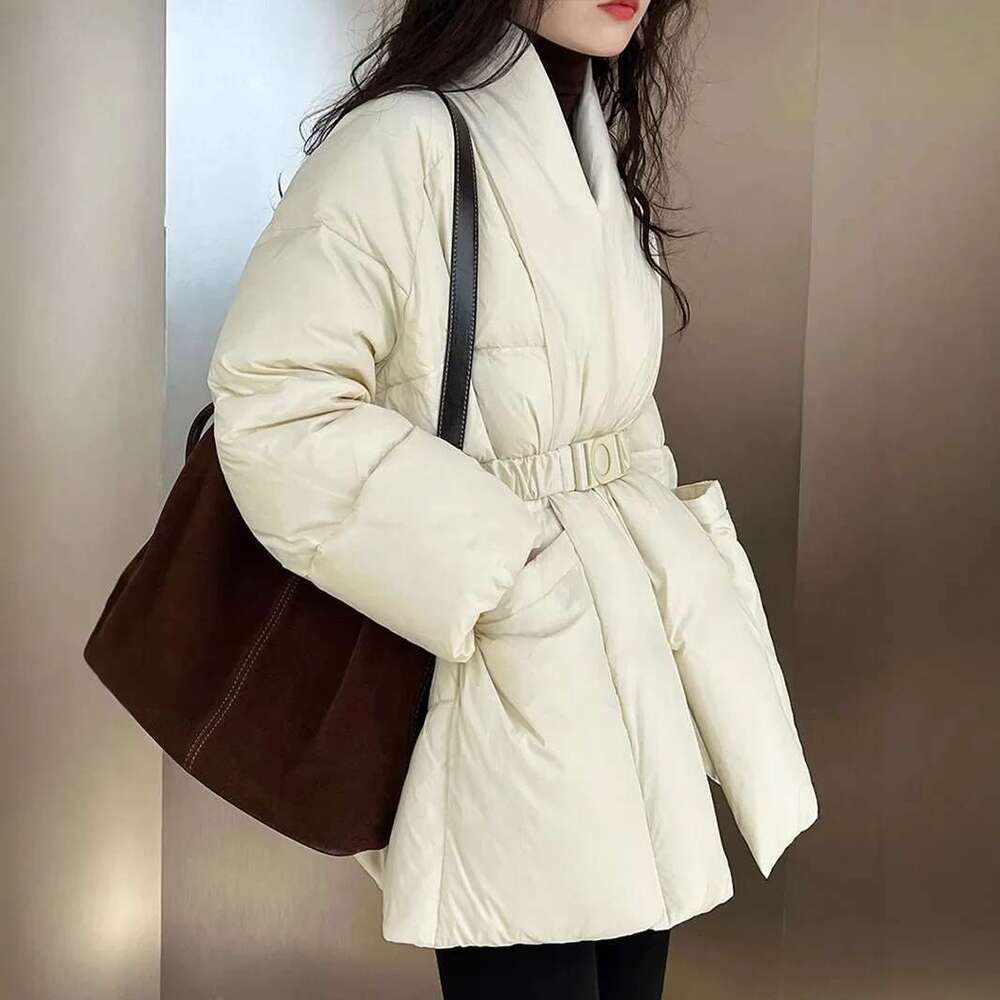 Korean Style Thickened Winter Jacket Women's V-Neck Puffy Cotton Coat Mid-Length Waist-Cinched Slimming Fashionable Outerwear