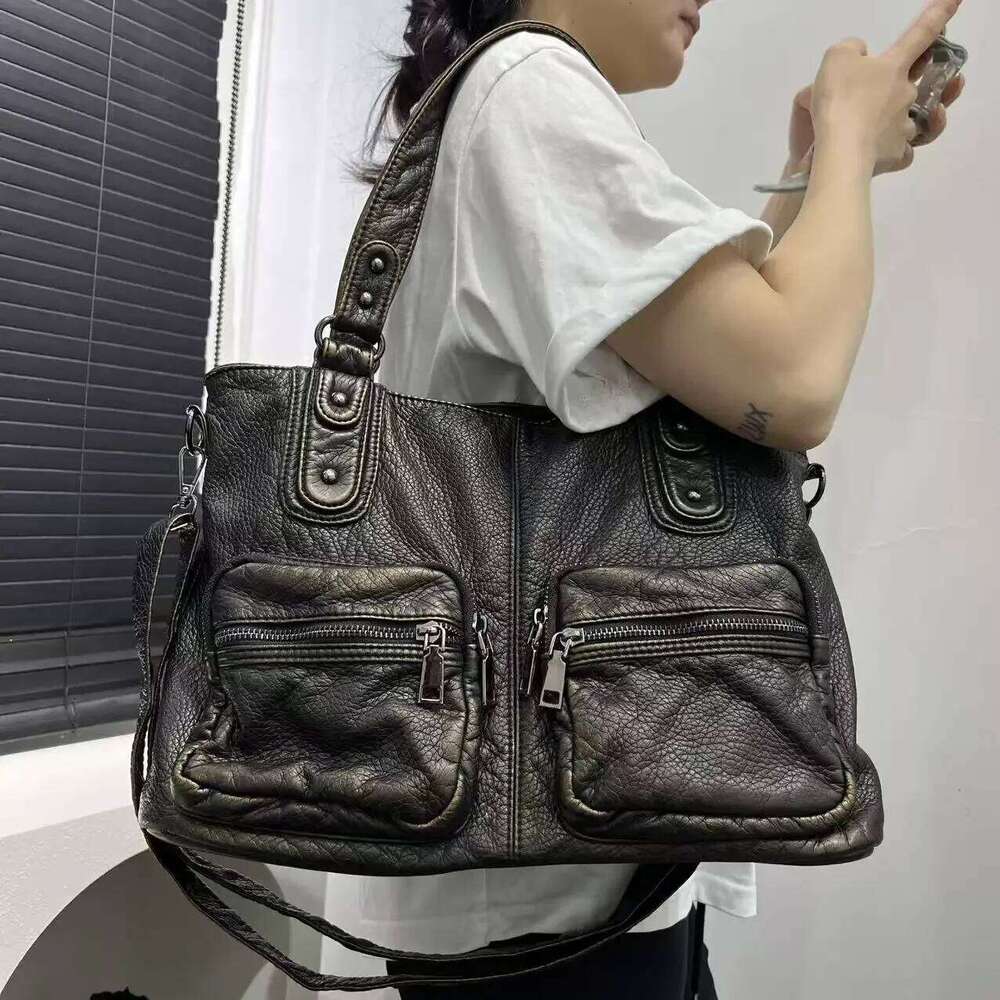 Women's Bags Designer Ladies' Fashion Y2k Retro Street Hot Girl Motorcycle Bag, Large Capacity Distressed Multi Pocket Vegan Leather Shoulde