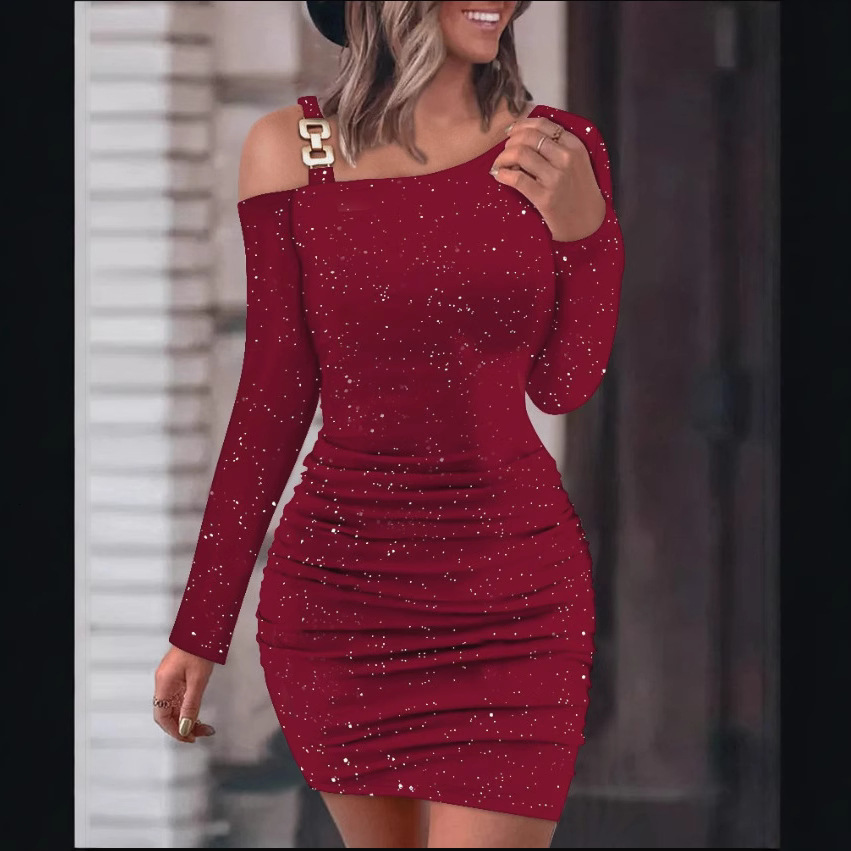 Spring and summer new long sleeved off shoulder slim fit short skirt with sexy sequins and elastic hip hugging short skirt