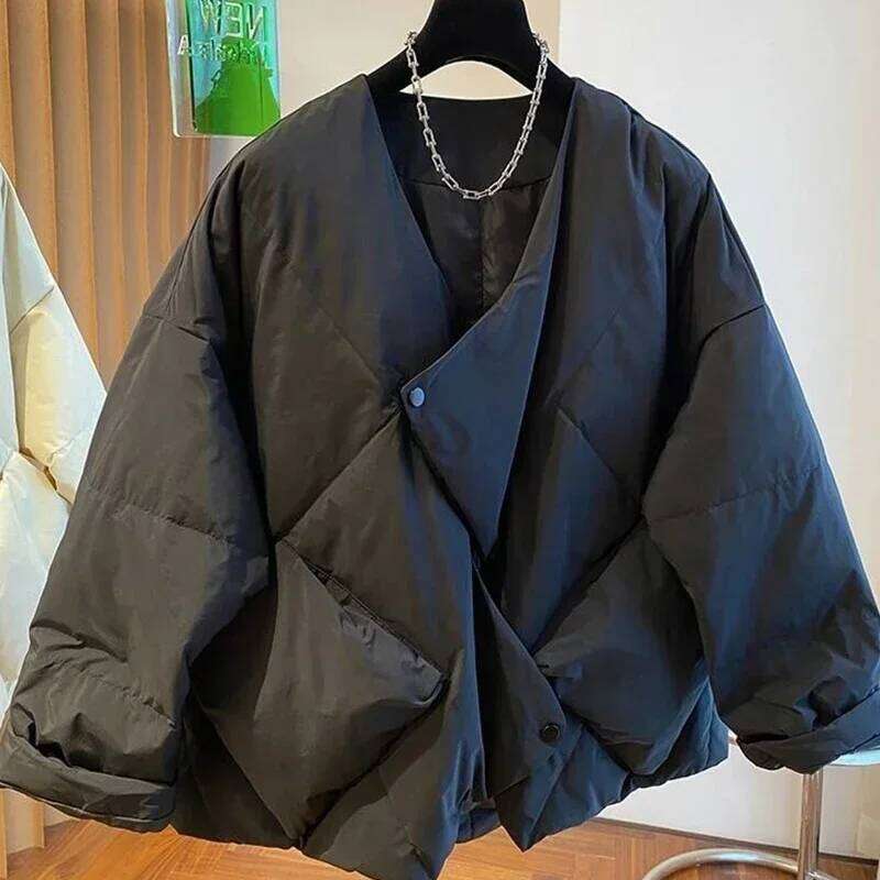 High-End Design Niche Ovesize Parkas Casual A-Line V-Neck Padded Men Women Winter Simple Dia Pattern Warm Down Jacket
