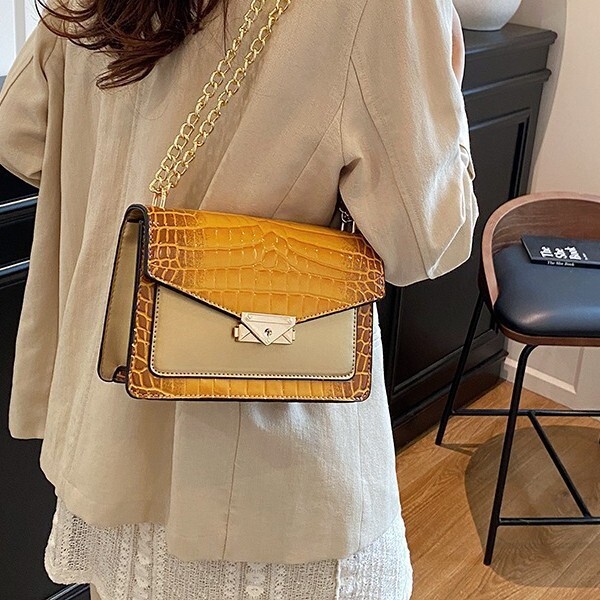 Women's Yuzi Bags 2025 New Crocodile Pattern Small Square Single Shoulder Crossbody Chain Bag