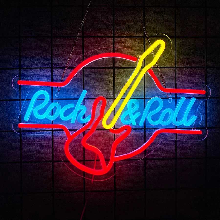 Rock Roll Music Neon Sign LED Guitar Icon USB Powered Used for Music Studio Live Music Recording Studio Background Decor. W250526