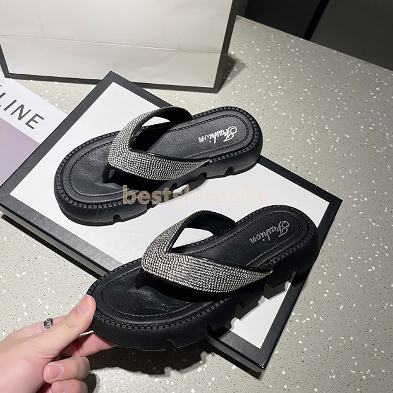 designer sandals rhinestone shimmer slides womens slippers casual fashion luxury flats heels sliders summer soft comfortable platform mules slipper si