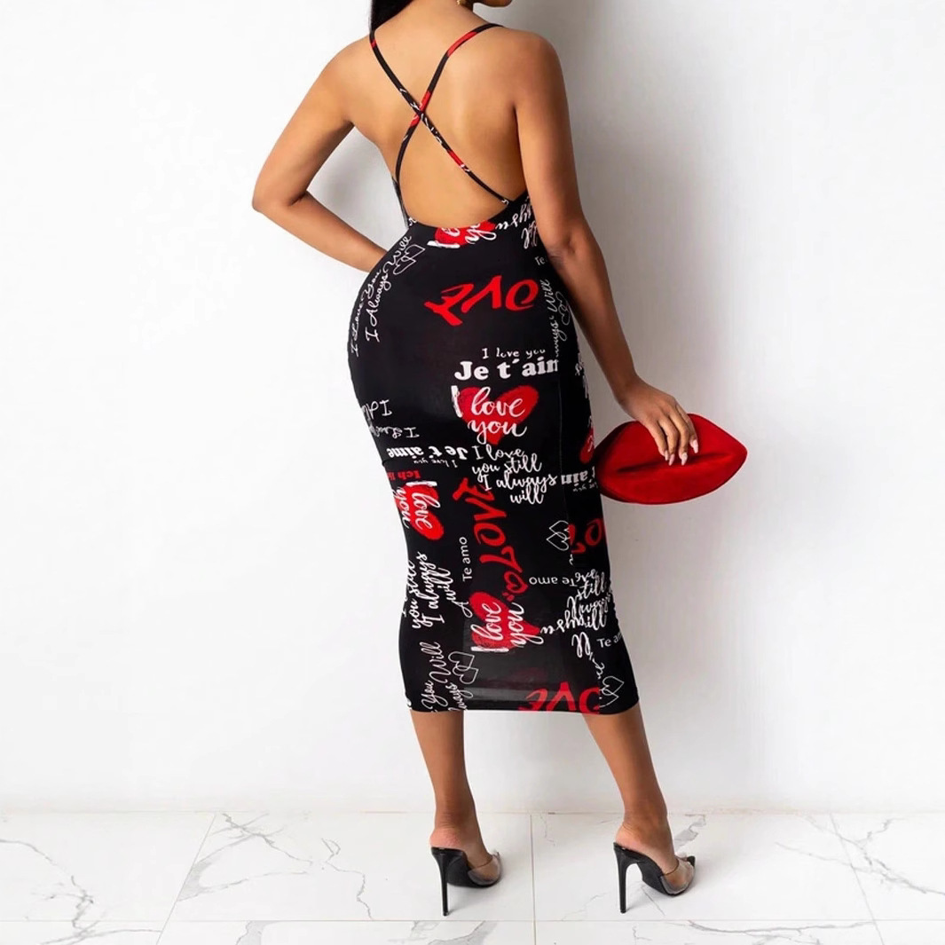 New Sleeveless Hanging Neck Dress Sexy Slim Fit Wrapped Hip Skirt Printed Mid skirt