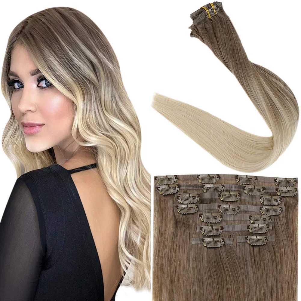Full Shine Seamless Invisible Clip In Extensions Human Hair 8 Pcs 120g Remy Balayage Blonde Color S25526