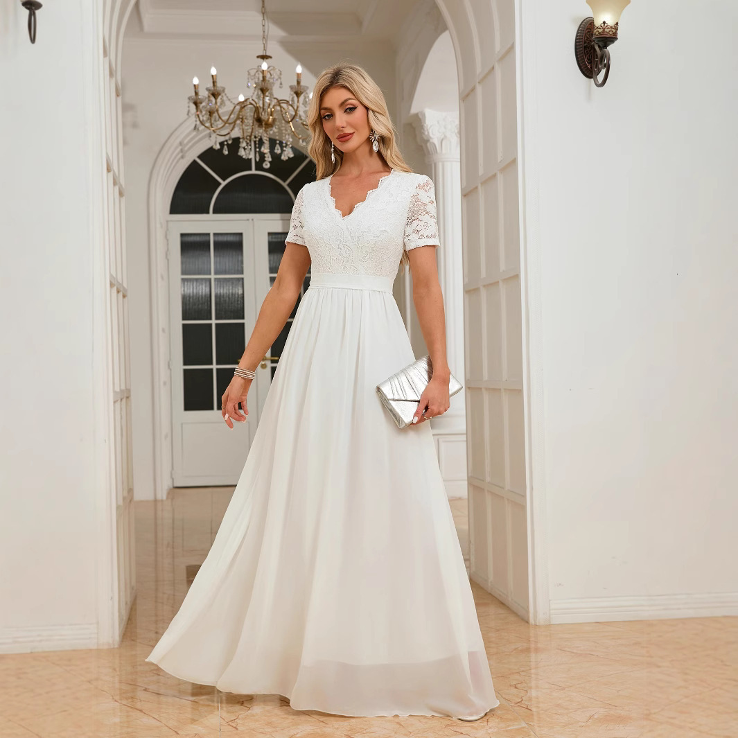 2025 lace edge splicing chiffon waist cinched long V-neck dress for wedding and evening dresses