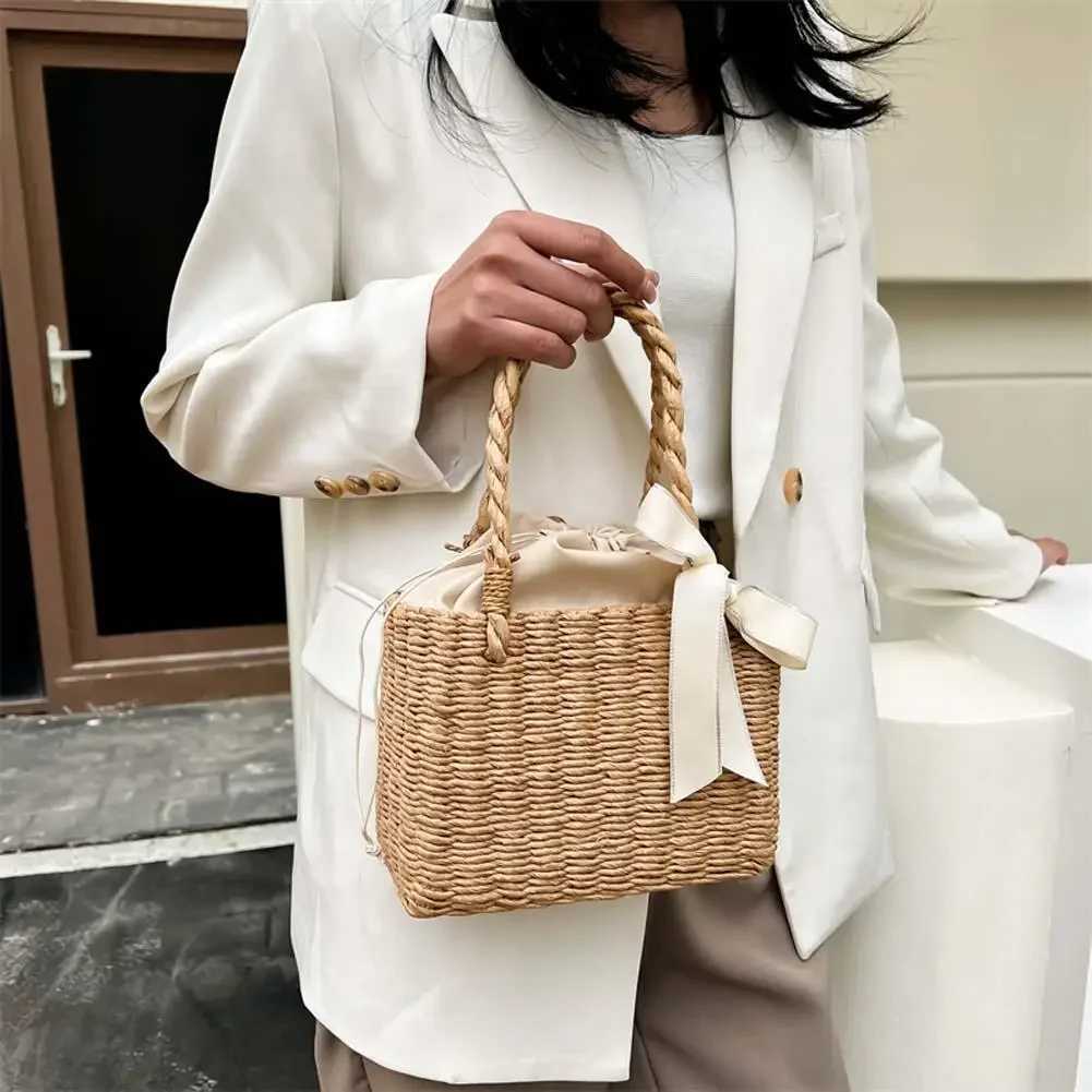 Women Fashion Rattan Silk Ribbon Handbag Straw Square Basket Vintage Tote Clutch W250524