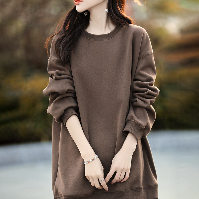 SLL2106 New Korean style casual plus velvet sweater round neck loose drop shoulder casual mid-length tops for women