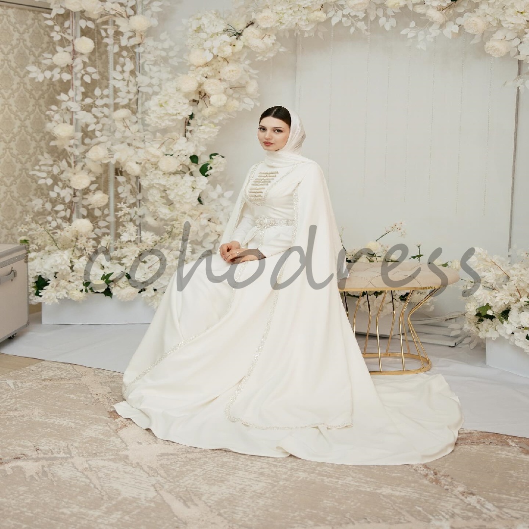 Traditional Circassian Wedding Dress 2025 Muslim Ottoman Long Sleeve Bride Dress Beaded Turkish Moroccan Bridal Gown Cape Sleeves Sequin Vestio De Nov