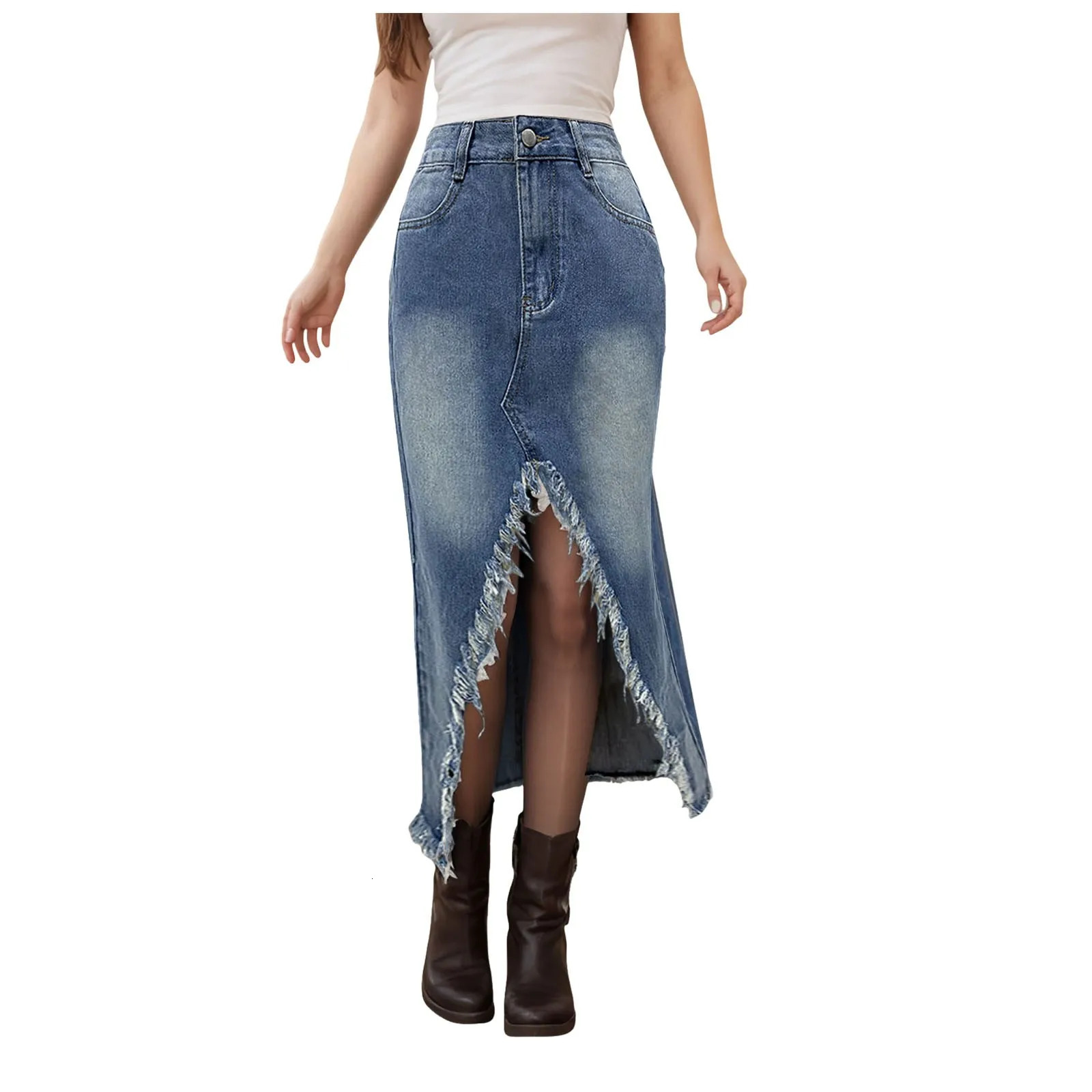 Womens High Waist Irregular Raw Edge Denim Skirt Old Wash Vintage Distressed HalfBody 2025 Spring Summer Skirts 250516Z